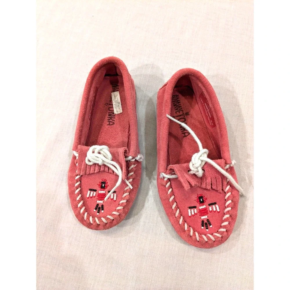New Condition Minnetonka Toddler Girl Moccasin Size 11‎ Pink Thunderbird Laces